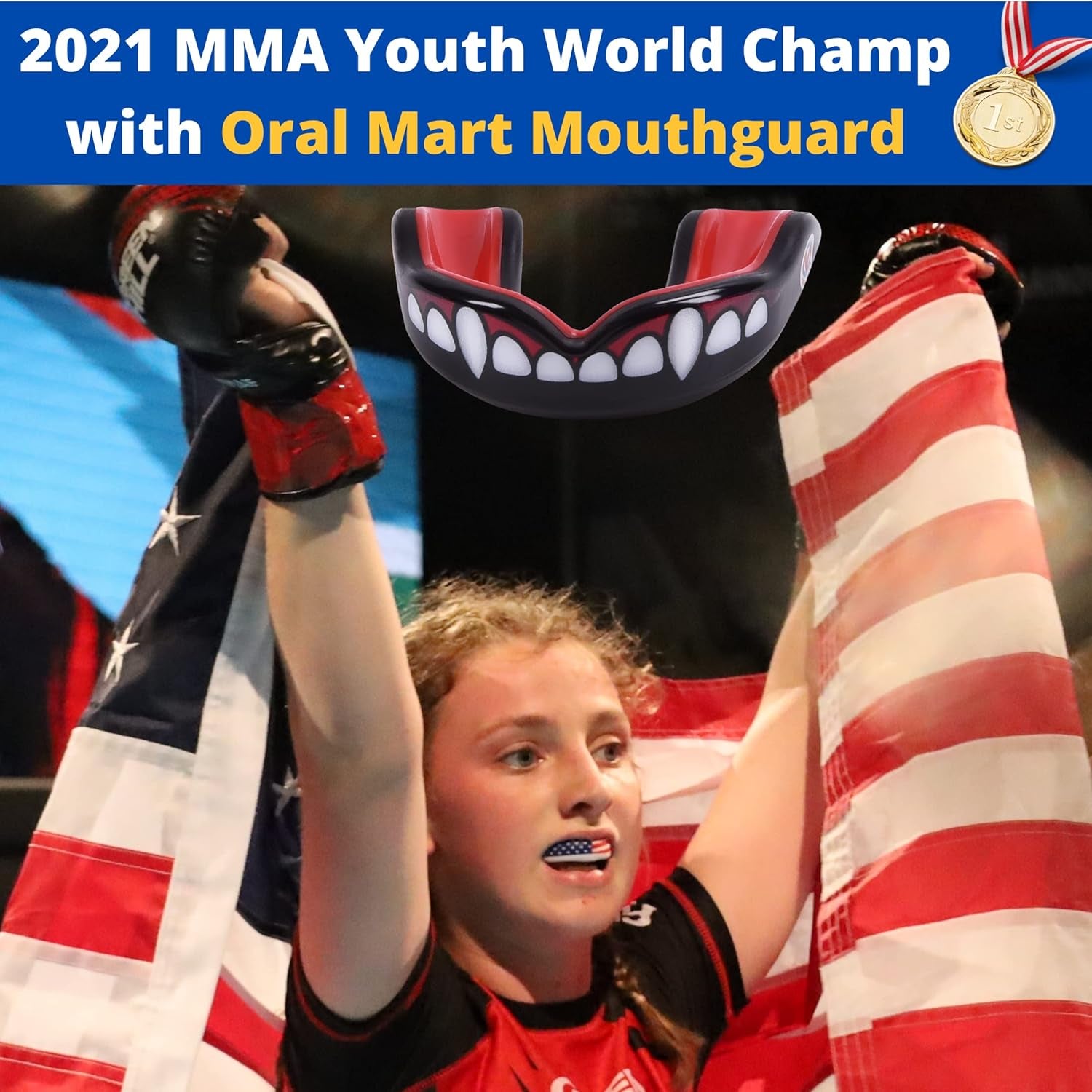 Youth Sports Mouth Guard for Kids (USA Flag, Fangs, 20+ Colors to Choose From) Mouthguard for Football, MMA, Karate, Boxing, Rugby, BJJ, Flag Football – /W Case (Youth, Strapless)