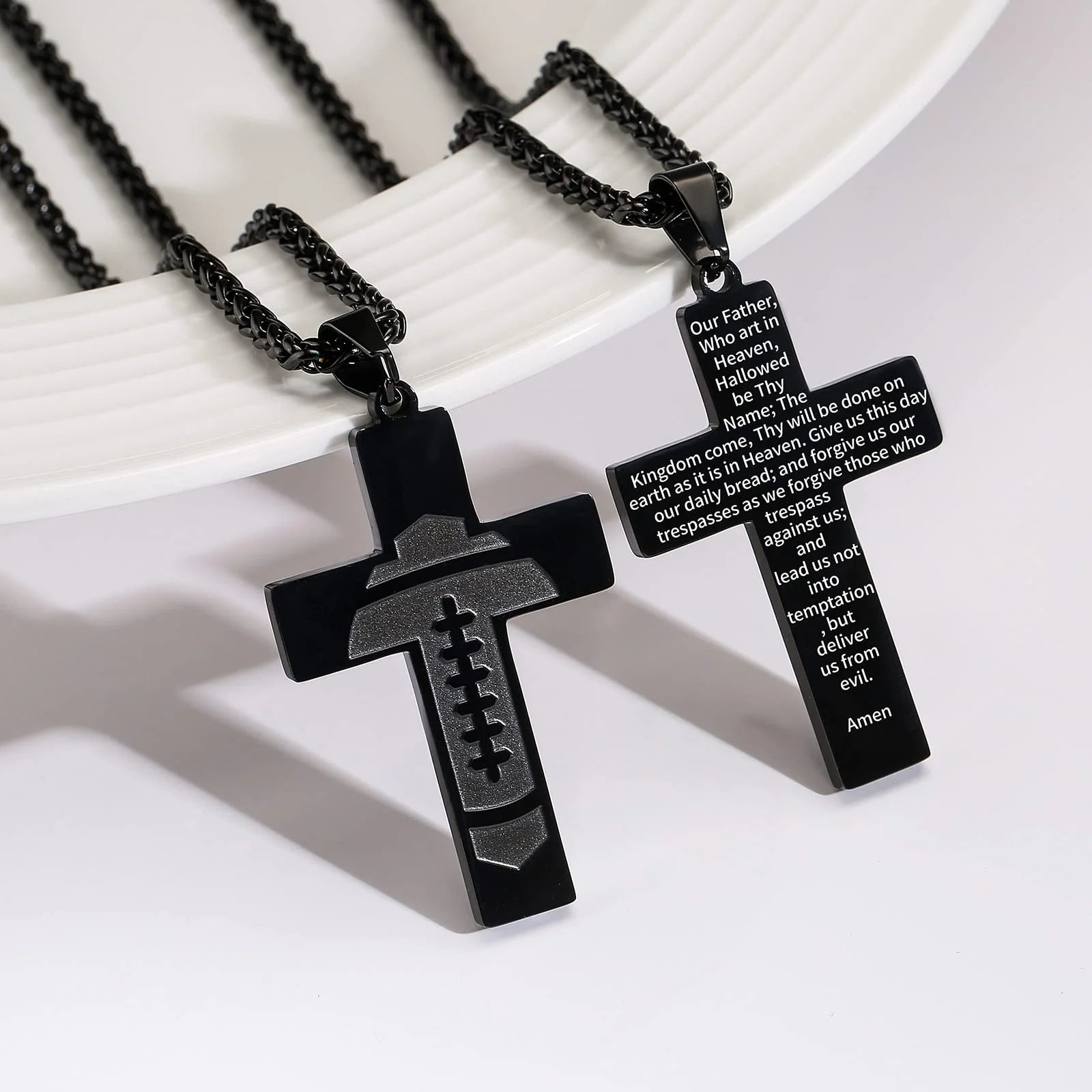 Football Cross Necklace for Men Stainless Steel Bible Verse Lord'S Prayer Pendant 20+2 Inch Chain First Communion Baptism Religious Christian Athletes Sports Birthday Christmas Jewelry Gift