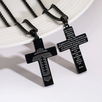 Football Cross Necklace for Men Stainless Steel Bible Verse Lord'S Prayer Pendant 20+2 Inch Chain First Communion Baptism Religious Christian Athletes Sports Birthday Christmas Jewelry Gift