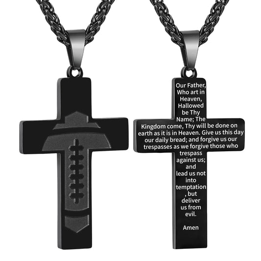 Football Cross Necklace for Men Stainless Steel Bible Verse Lord'S Prayer Pendant 20+2 Inch Chain First Communion Baptism Religious Christian Athletes Sports Birthday Christmas Jewelry Gift