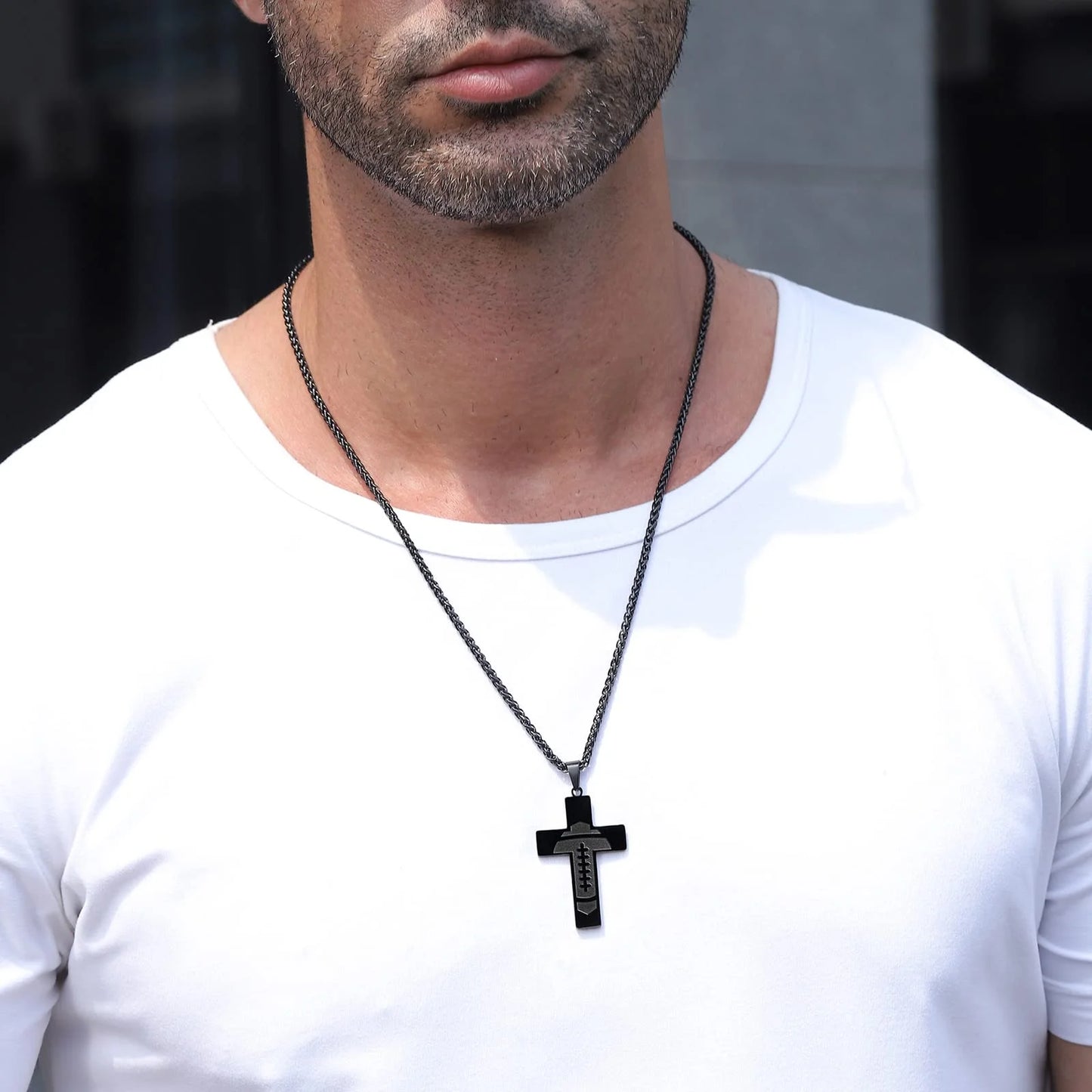 Football Cross Necklace for Men Stainless Steel Bible Verse Lord'S Prayer Pendant 20+2 Inch Chain First Communion Baptism Religious Christian Athletes Sports Birthday Christmas Jewelry Gift